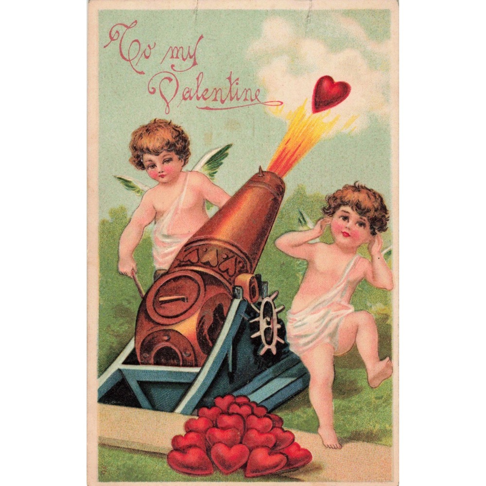 Valentine Postcard Cherubs Cupids Firing Heart Cannon Embossed Antique 1918